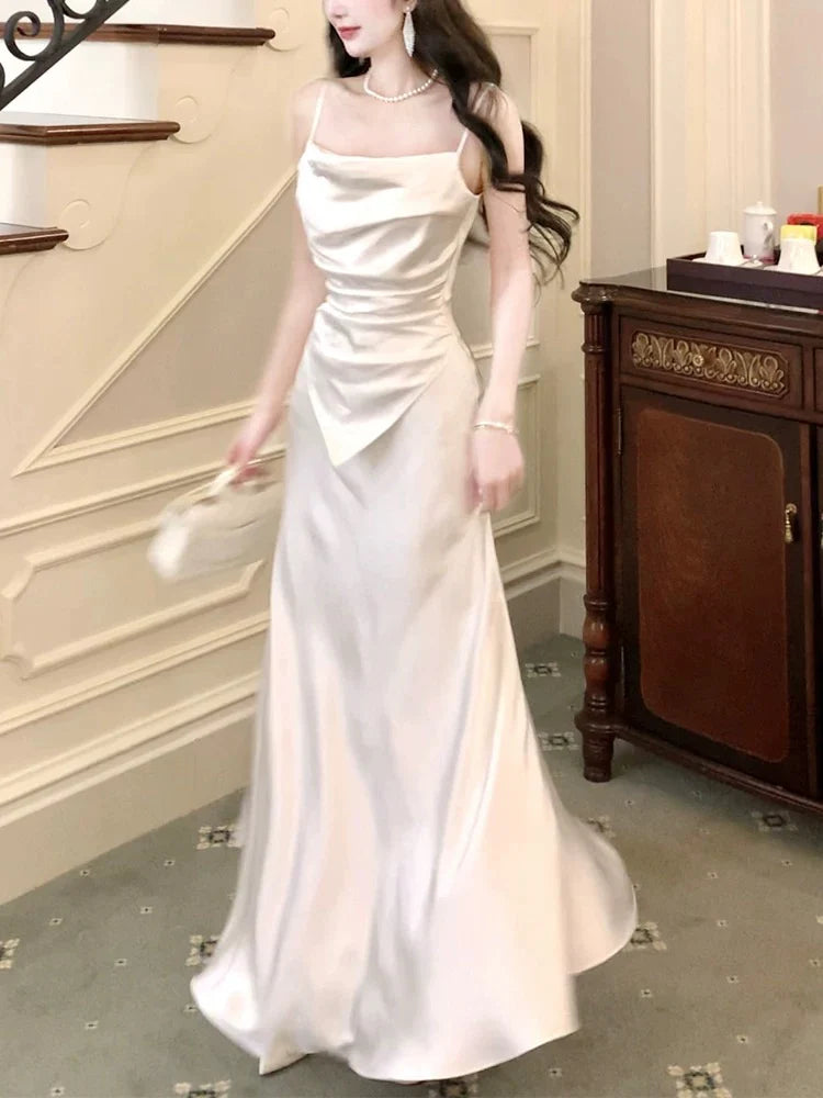TingPo Wholesale Modest Sheath Spaghetti Straps White Long Prom Dresses Sexy Evening Dress formal wear dresses